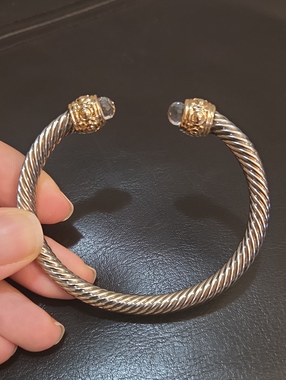 Gold Tone and Silver Tone Cable Cuff Bangle Rope Bracelet With Crystal Accents - Picture 2 of 8